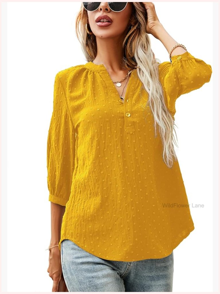 Women's Swiss Dot 3/4 Sleeve Henley V-Neck Blouse Tops